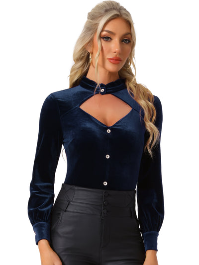 Ruffle Mock Neck Cutout Shirt Long Sleeve Gothic Velvet Blouse