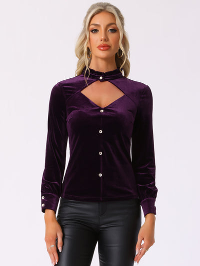 Ruffle Mock Neck Cutout Shirt Long Sleeve Gothic Velvet Blouse