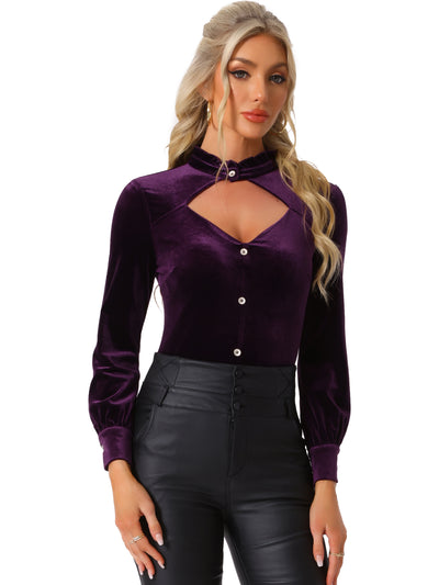 Ruffle Mock Neck Cutout Shirt Long Sleeve Gothic Velvet Blouse