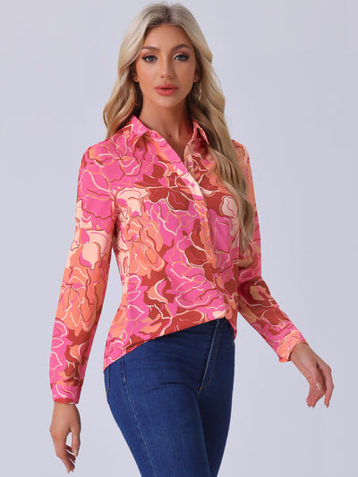 Button Down Floral Shirt Blouse Long Sleeve Point Collar Top