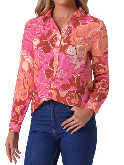 Button Down Floral Shirt Blouse Long Sleeve Point Collar Top