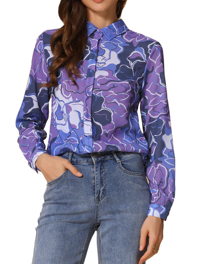 Button Down Floral Shirt Blouse Long Sleeve Point Collar Top