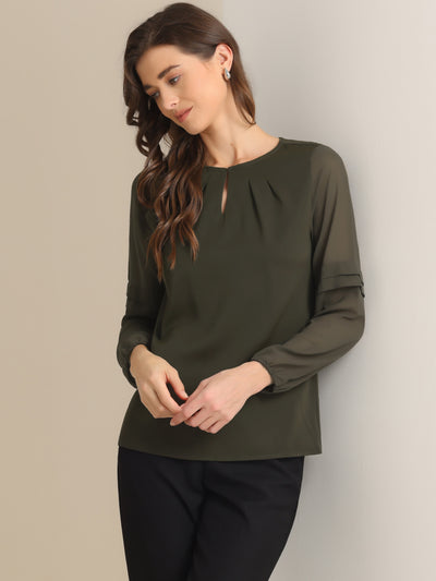 Chiffon Shirt Semi Sheer Keyhole Neck Elegant Blouse