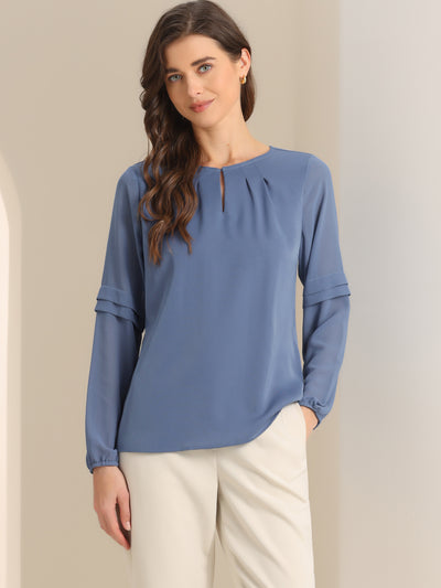 Chiffon Shirt Semi Sheer Keyhole Neck Elegant Blouse