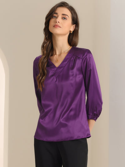 Casual Office Blouse 3/4 Sleeve V Neck Satin Shirt