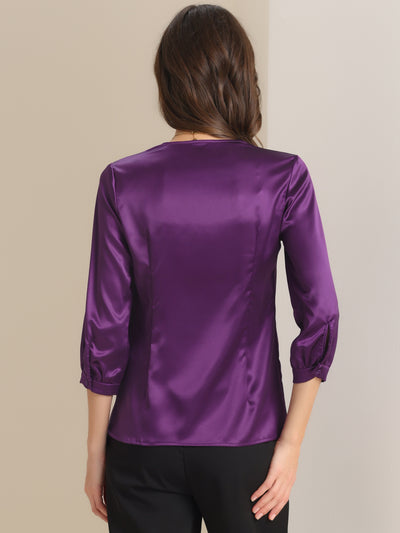 Casual Office Blouse 3/4 Sleeve V Neck Satin Shirt