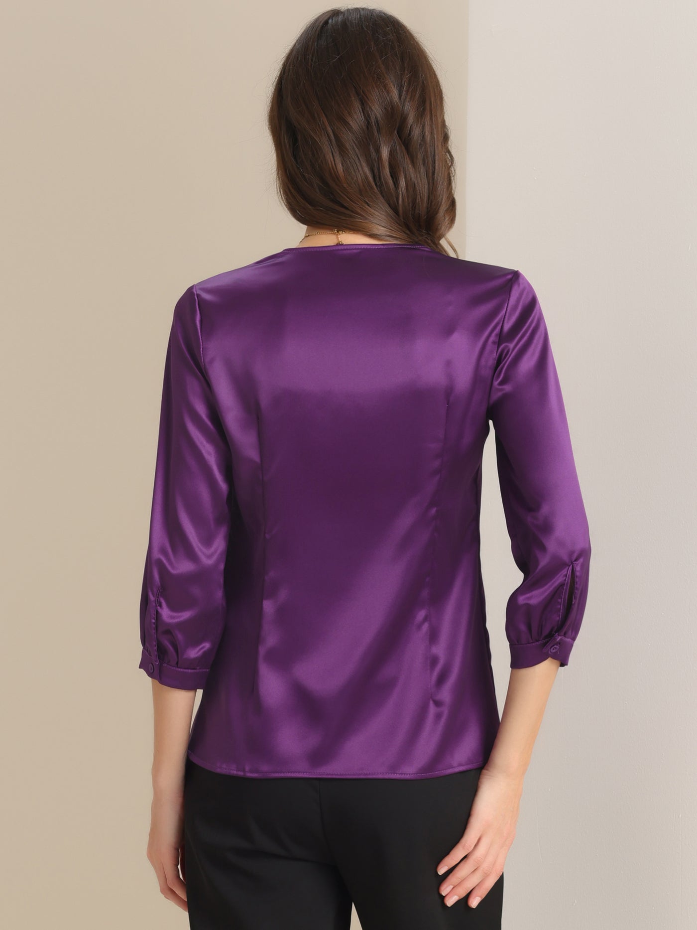 Allegra K Casual Office Blouse 3/4 Sleeve V Neck Satin Shirt