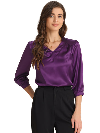 Casual Office Blouse 3/4 Sleeve V Neck Satin Shirt