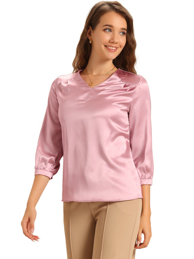 Casual Office Blouse 3/4 Sleeve V Neck Satin Shirt