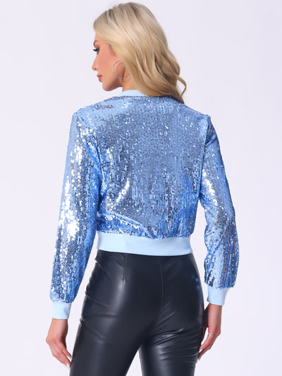 Sequin Long Sleeve Zipper Up Collarless Glitter Bomber Jacket