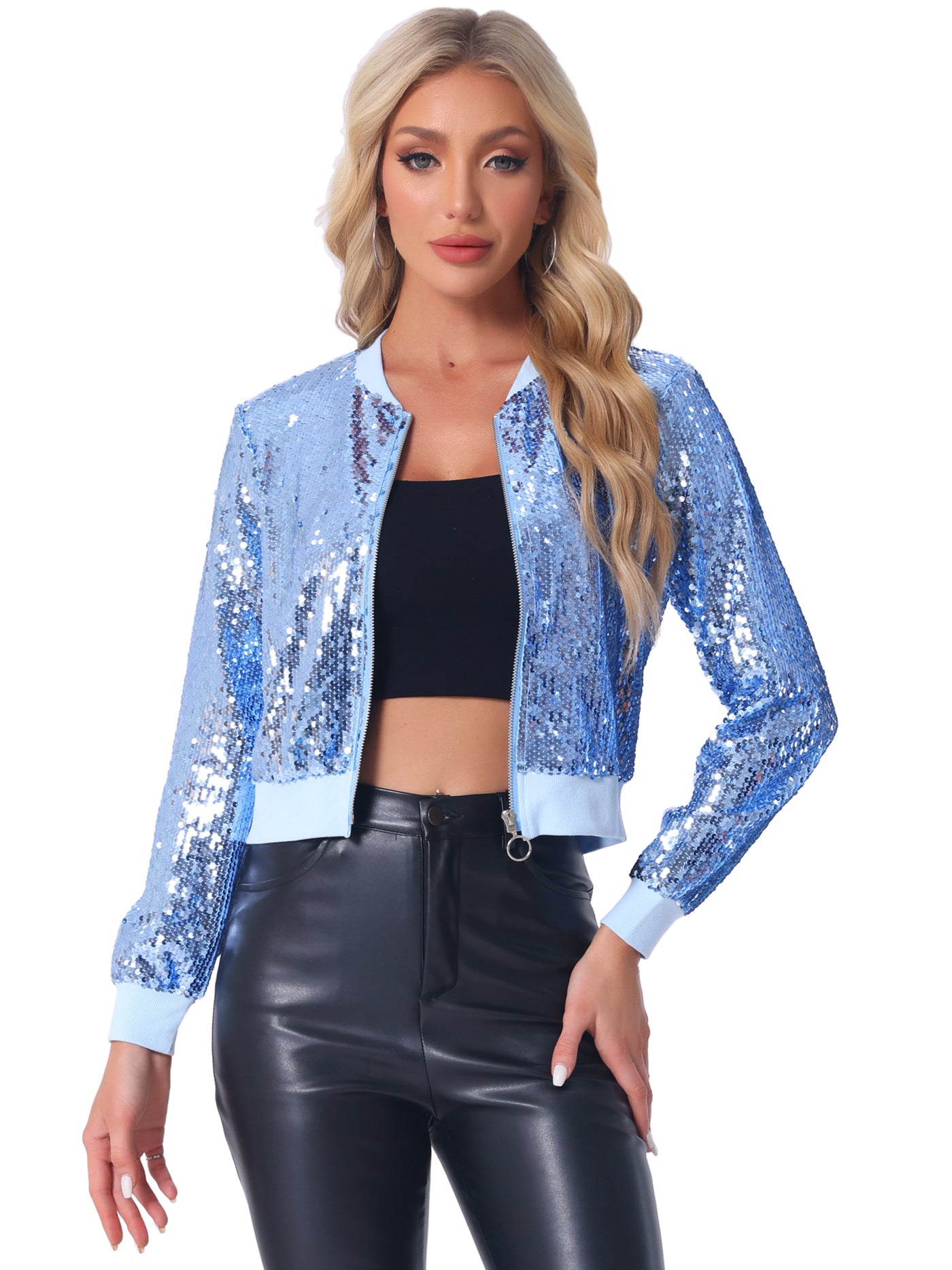 Allegra K Sequin Long Sleeve Zipper Up Collarless Glitter Bomber Jacket