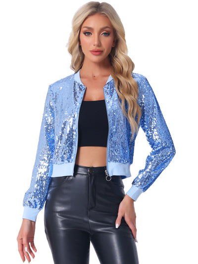 Sequin Long Sleeve Zipper Up Collarless Glitter Bomber Jacket