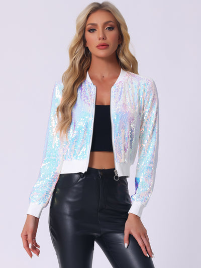 Sequin Long Sleeve Zipper Up Collarless Glitter Bomber Jacket