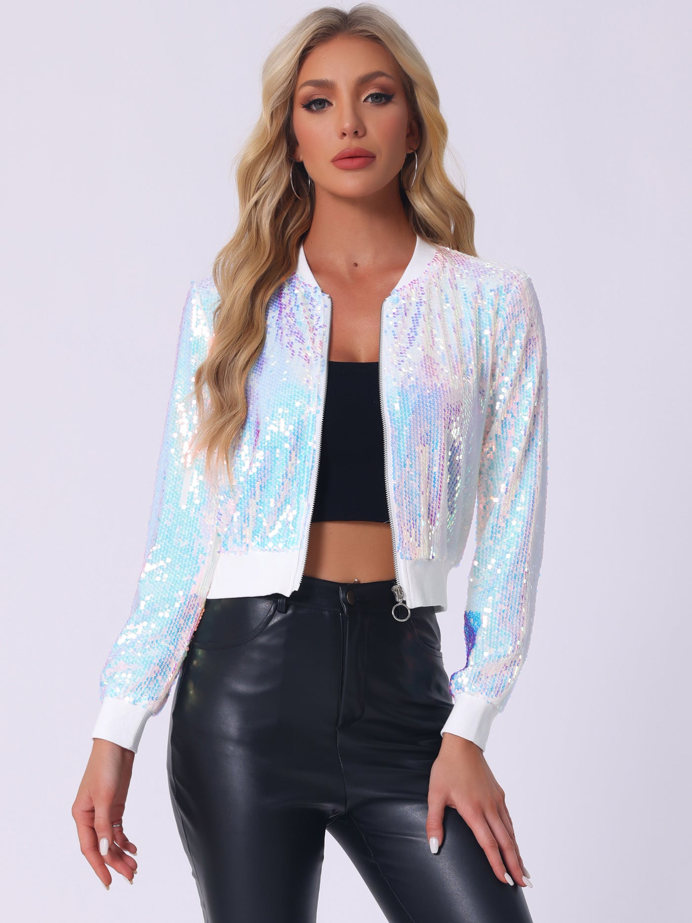 Allegra K Sequin Long Sleeve Zipper Up Collarless Glitter Bomber Jacket