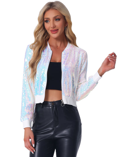 Sequin Long Sleeve Zipper Up Collarless Glitter Bomber Jacket