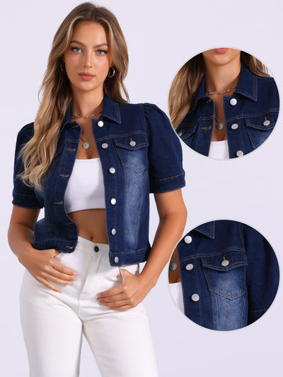 Casual Short Puff Sleeves Button-Down Jean Denim Jacket