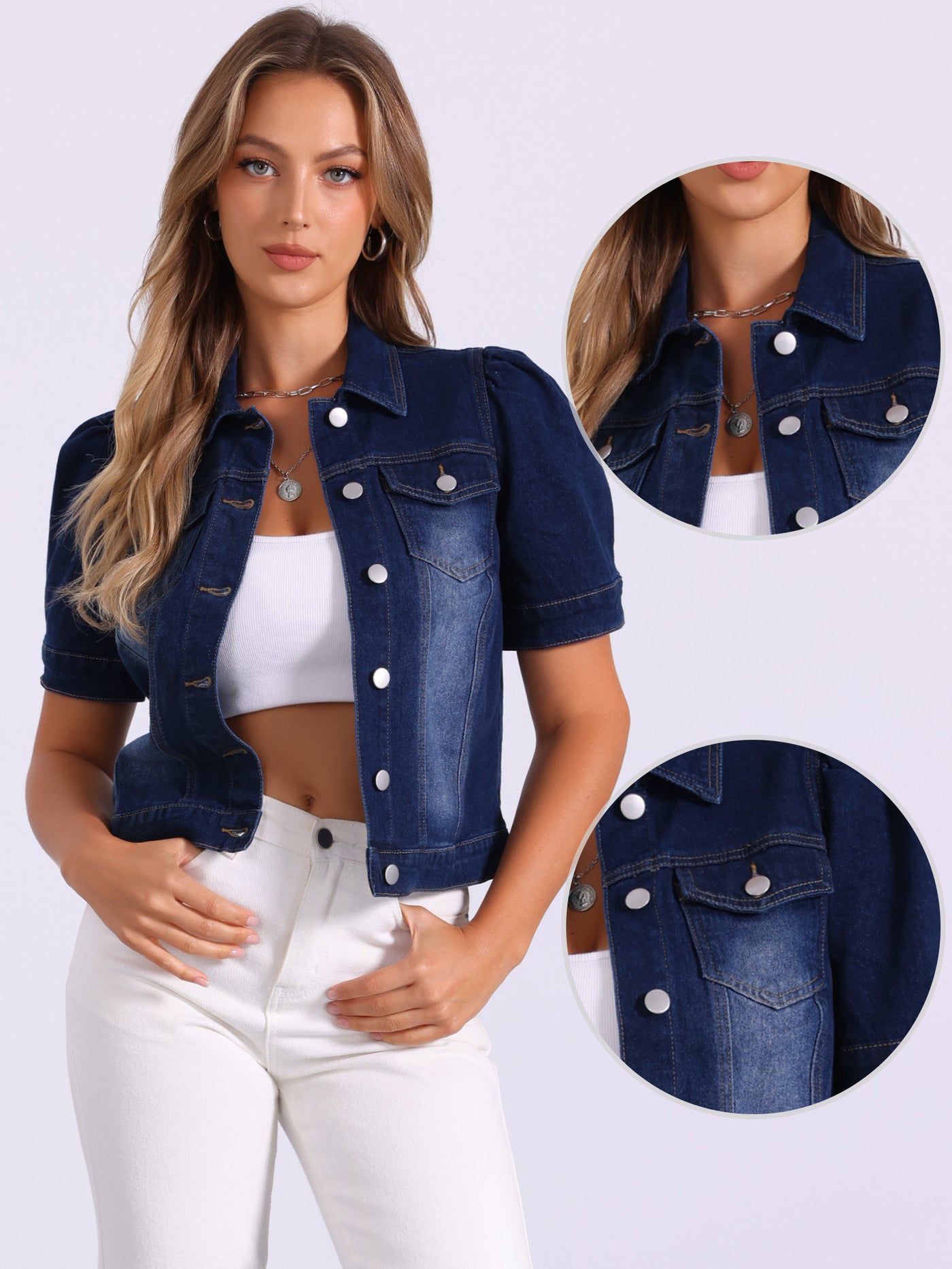 Allegra K Casual Short Puff Sleeves Button-Down Jean Denim Jacket