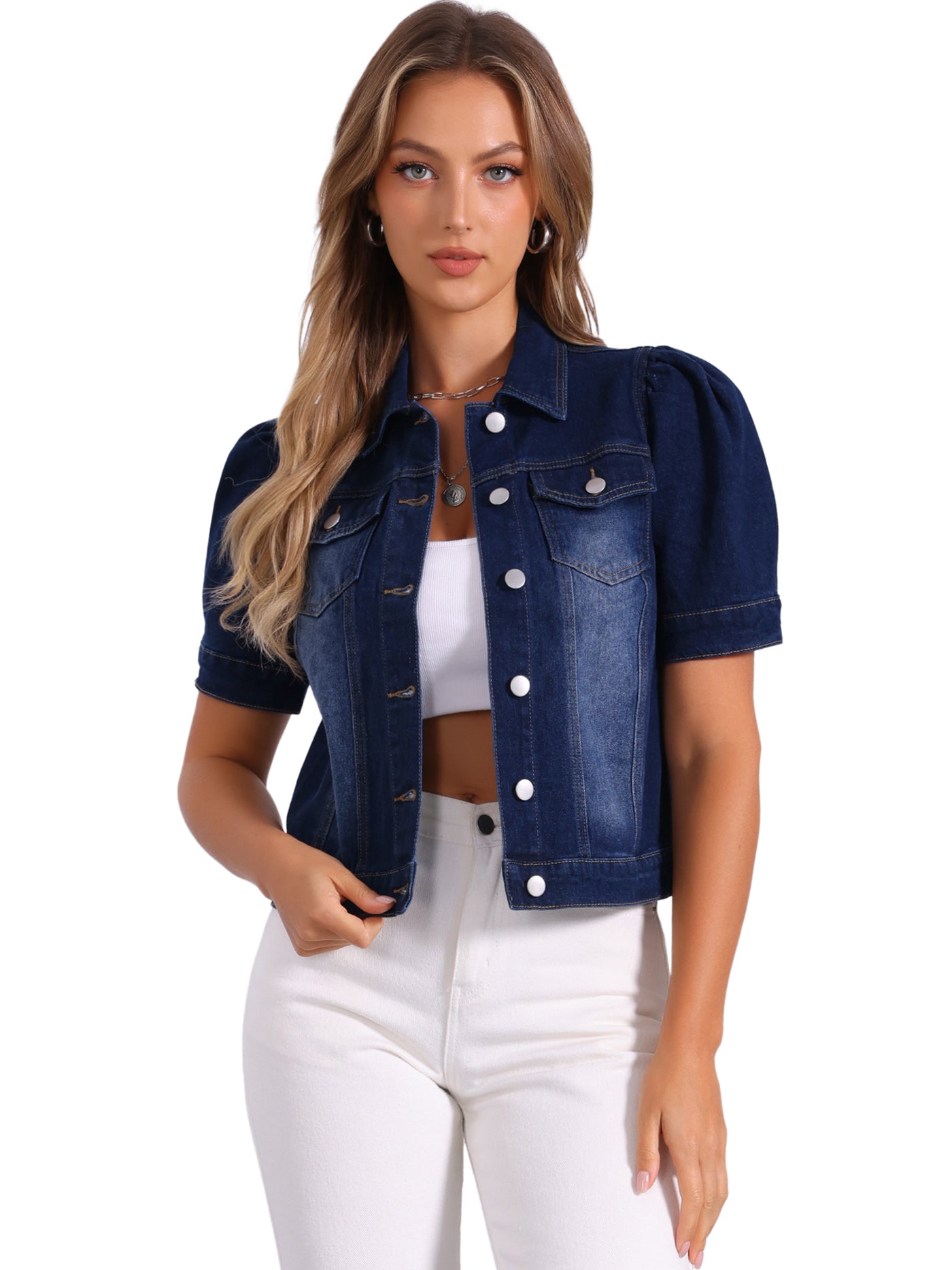 Allegra K Casual Short Puff Sleeves Button-Down Jean Denim Jacket