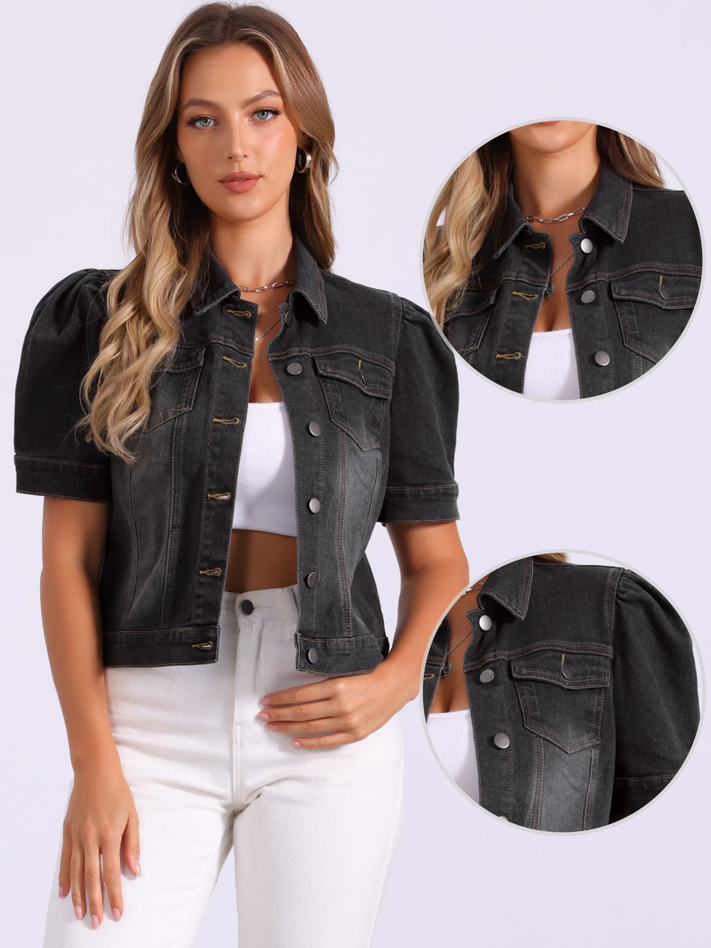 Allegra K Casual Short Puff Sleeves Button-Down Jean Denim Jacket