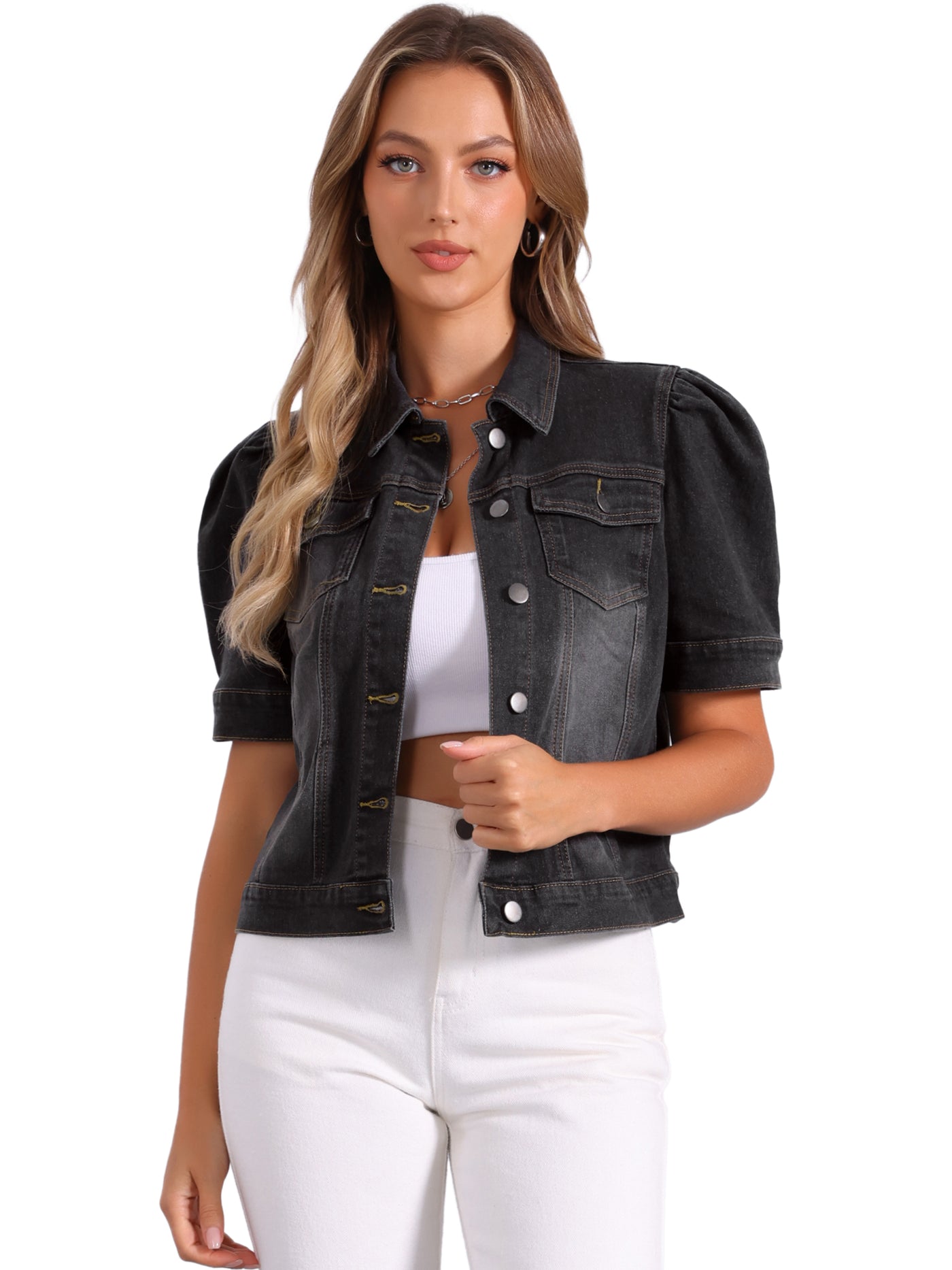 Allegra K Casual Short Puff Sleeves Button-Down Jean Denim Jacket