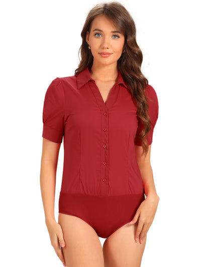 Button Down Leotard Shirt Short Sleeve Collared Business Work Bodysuit