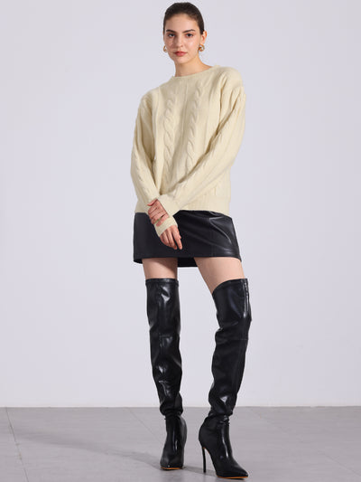 Long Sleeve Pullover Cable Knit Crew Neck Sweater