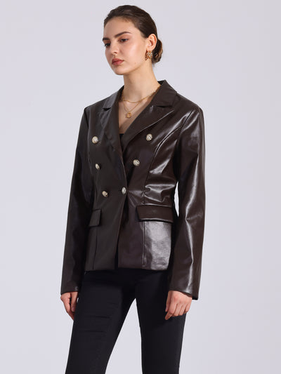 Notched Lapel Faux Leather Double Breasted PU Work Blazer