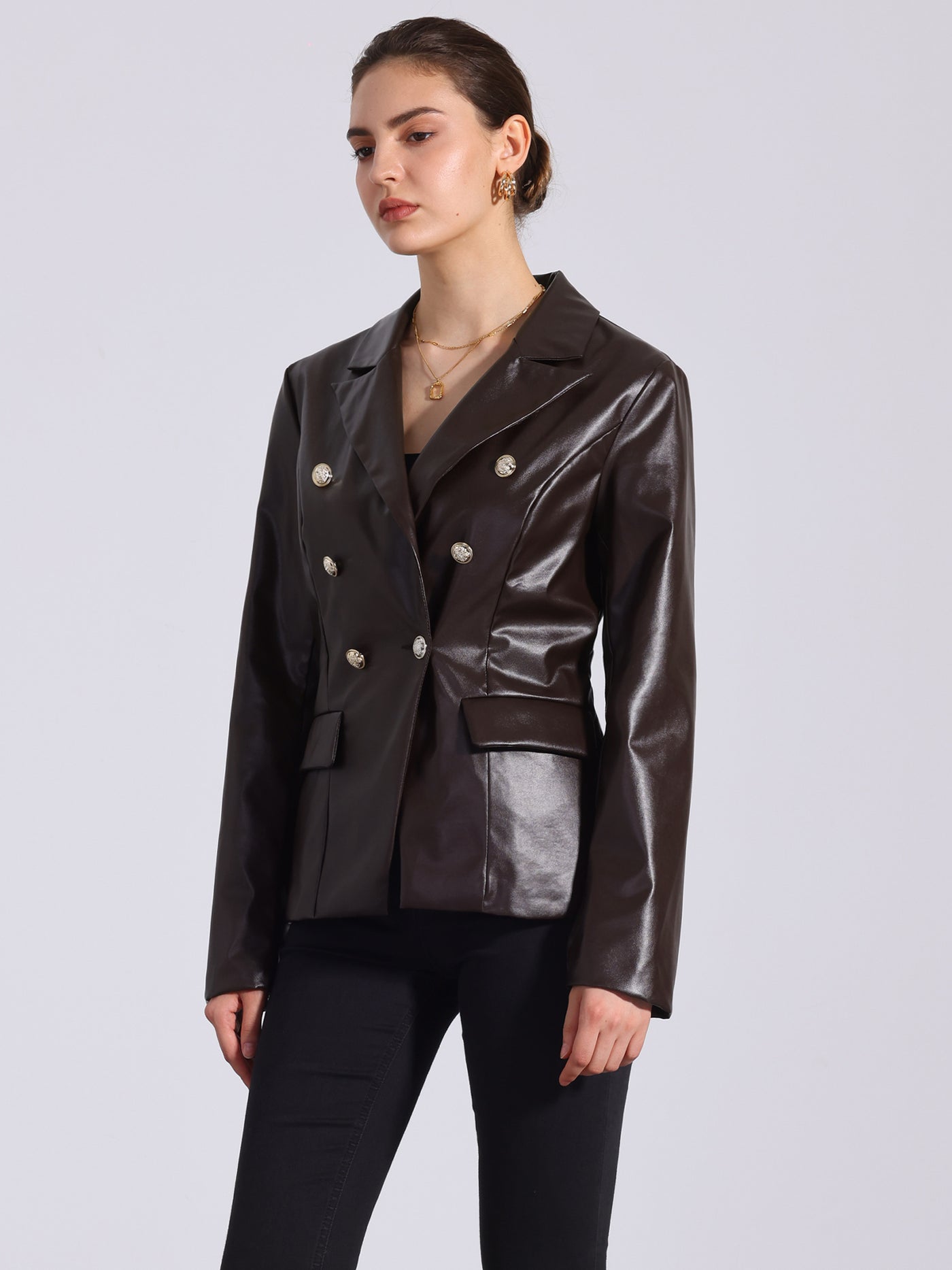 Allegra K Notched Lapel Faux Leather Double Breasted PU Work Blazer