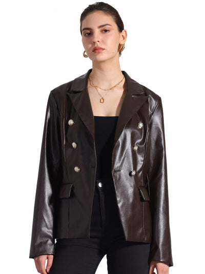 Notched Lapel Faux Leather Double Breasted PU Work Blazer