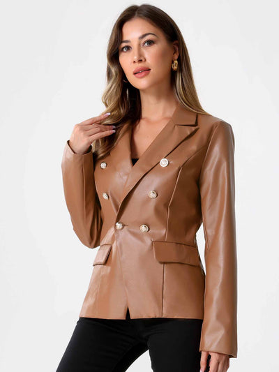 Notched Lapel Faux Leather Double Breasted PU Work Blazer