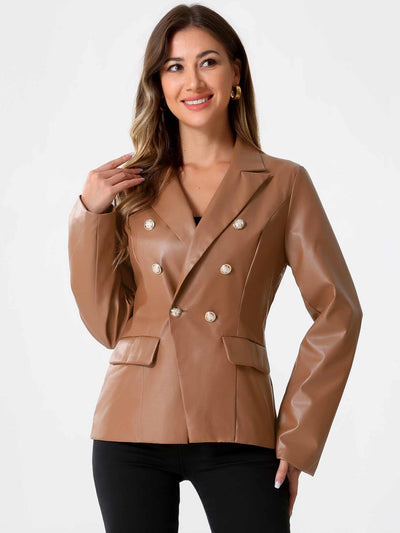 Notched Lapel Faux Leather Double Breasted PU Work Blazer