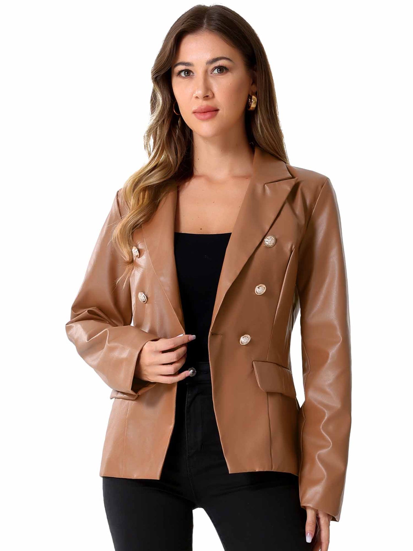 Allegra K Notched Lapel Faux Leather Double Breasted PU Work Blazer