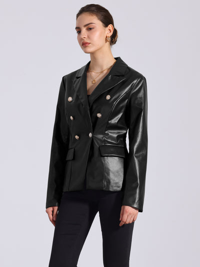 Notched Lapel Faux Leather Double Breasted PU Work Blazer