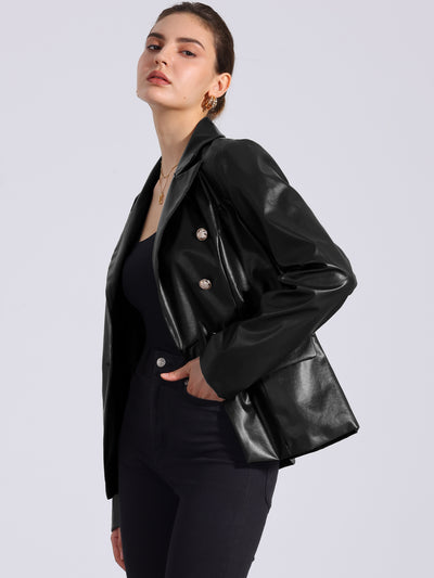 Notched Lapel Faux Leather Double Breasted PU Work Blazer