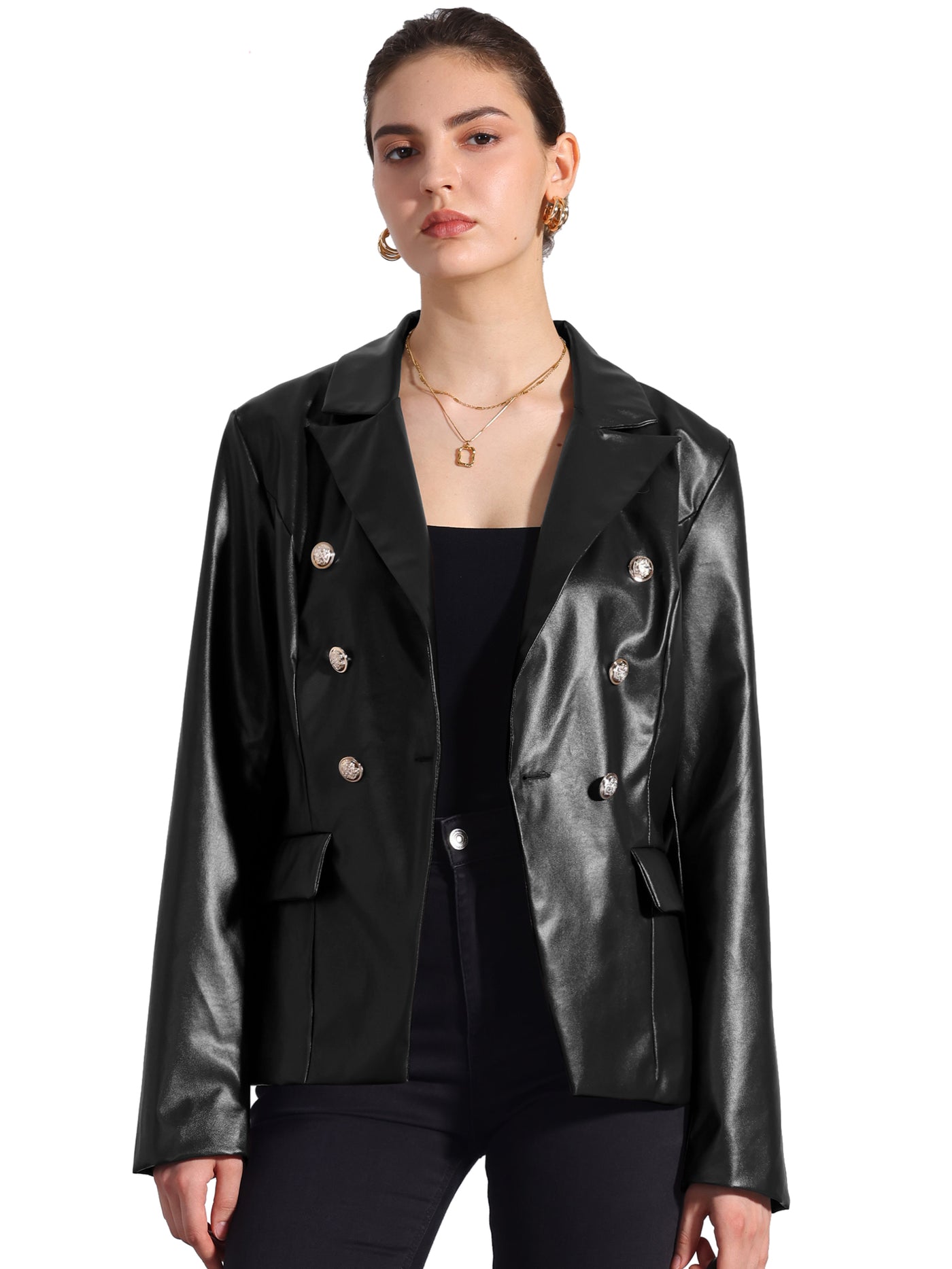 Allegra K Notched Lapel Faux Leather Double Breasted PU Work Blazer