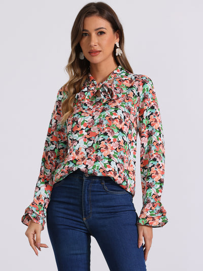 Valentine's Day Floral Tie V Neck Blouse Chiffon Ruffle Trumpet Top