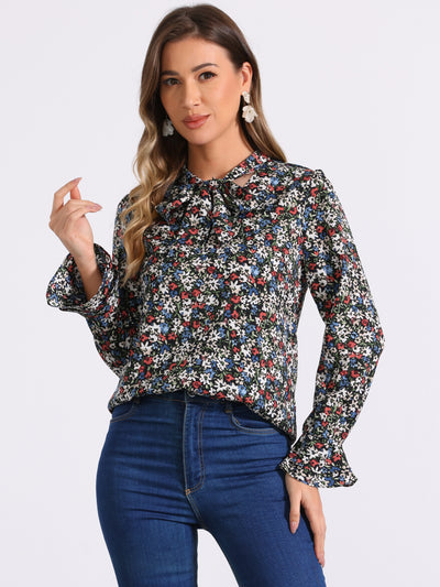 Valentine's Day Floral Tie V Neck Blouse Chiffon Ruffle Trumpet Top