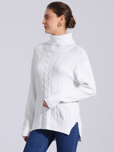 Cable Knit High Low Split Long Sleeve Turtle Neck Jumpers Sweaters