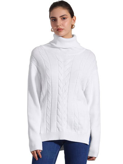 Cable Knit High Low Split Long Sleeve Turtle Neck Jumpers Sweaters