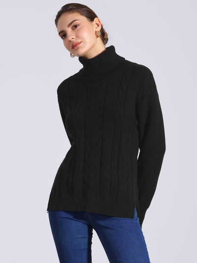 Cable Knit High Low Split Long Sleeve Turtle Neck Jumpers Sweaters