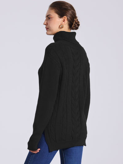 Cable Knit High Low Split Long Sleeve Turtle Neck Jumpers Sweaters