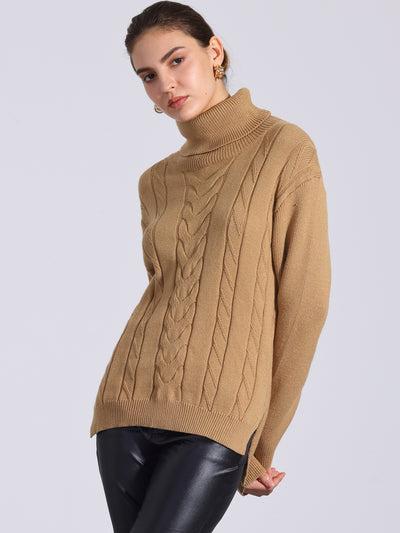 Cable Knit High Low Split Long Sleeve Turtle Neck Jumpers Sweaters