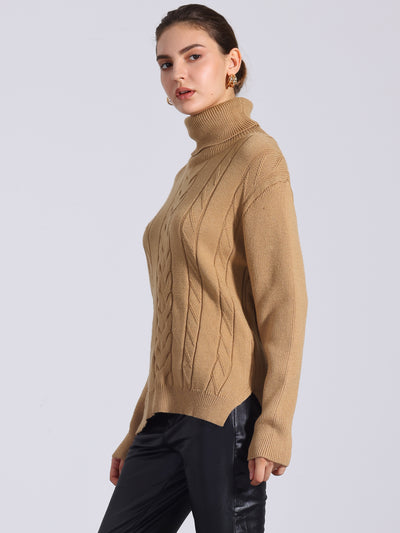 Cable Knit High Low Split Long Sleeve Turtle Neck Jumpers Sweaters