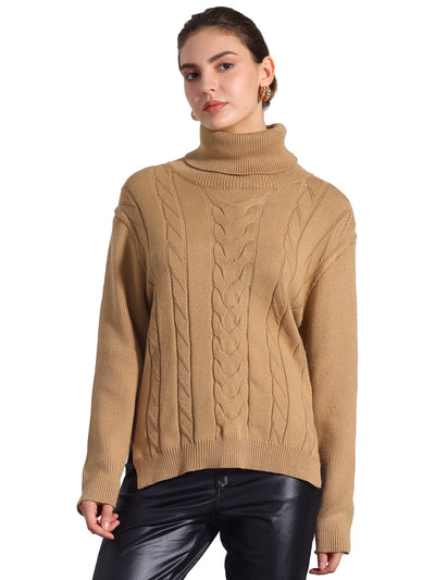 Cable Knit High Low Split Long Sleeve Turtle Neck Jumpers Sweaters