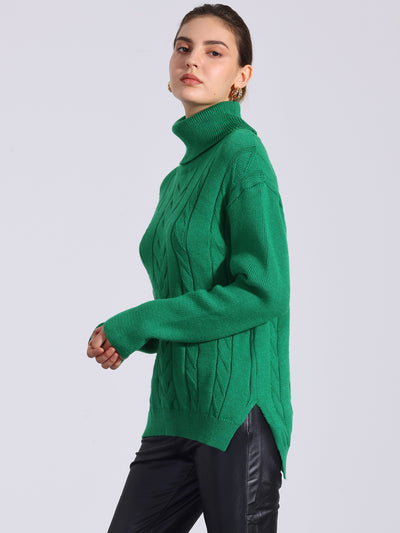 Cable Knit High Low Split Long Sleeve Turtle Neck Jumpers Sweaters