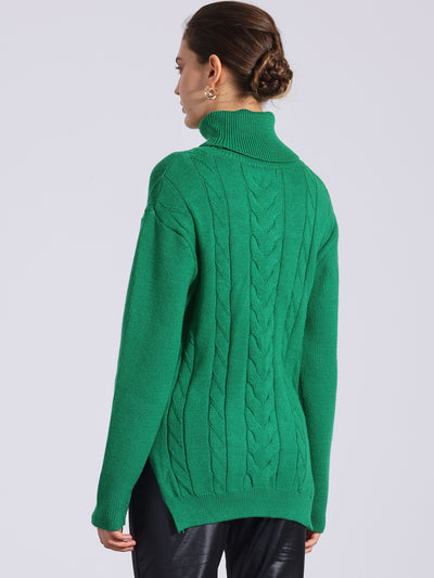 Cable Knit High Low Split Long Sleeve Turtle Neck Jumpers Sweaters