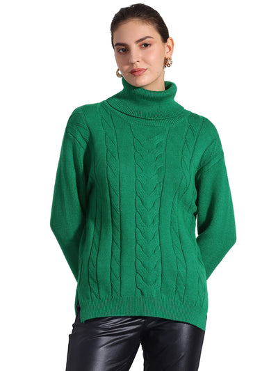 Cable Knit High Low Split Long Sleeve Turtle Neck Jumpers Sweaters