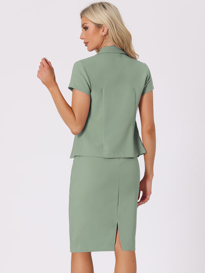 2 Piece Short Sleeve Notched Lapel Blazer Jacket & Pencil Midi Skirt Suit Set