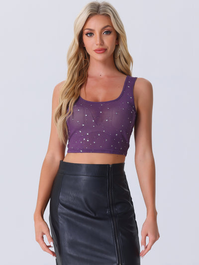 Sheer Mesh Scoop Neck Metallic Stars Sleeveless Party Cropped Top