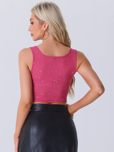 Sheer Mesh Scoop Neck Metallic Stars Sleeveless Party Cropped Top